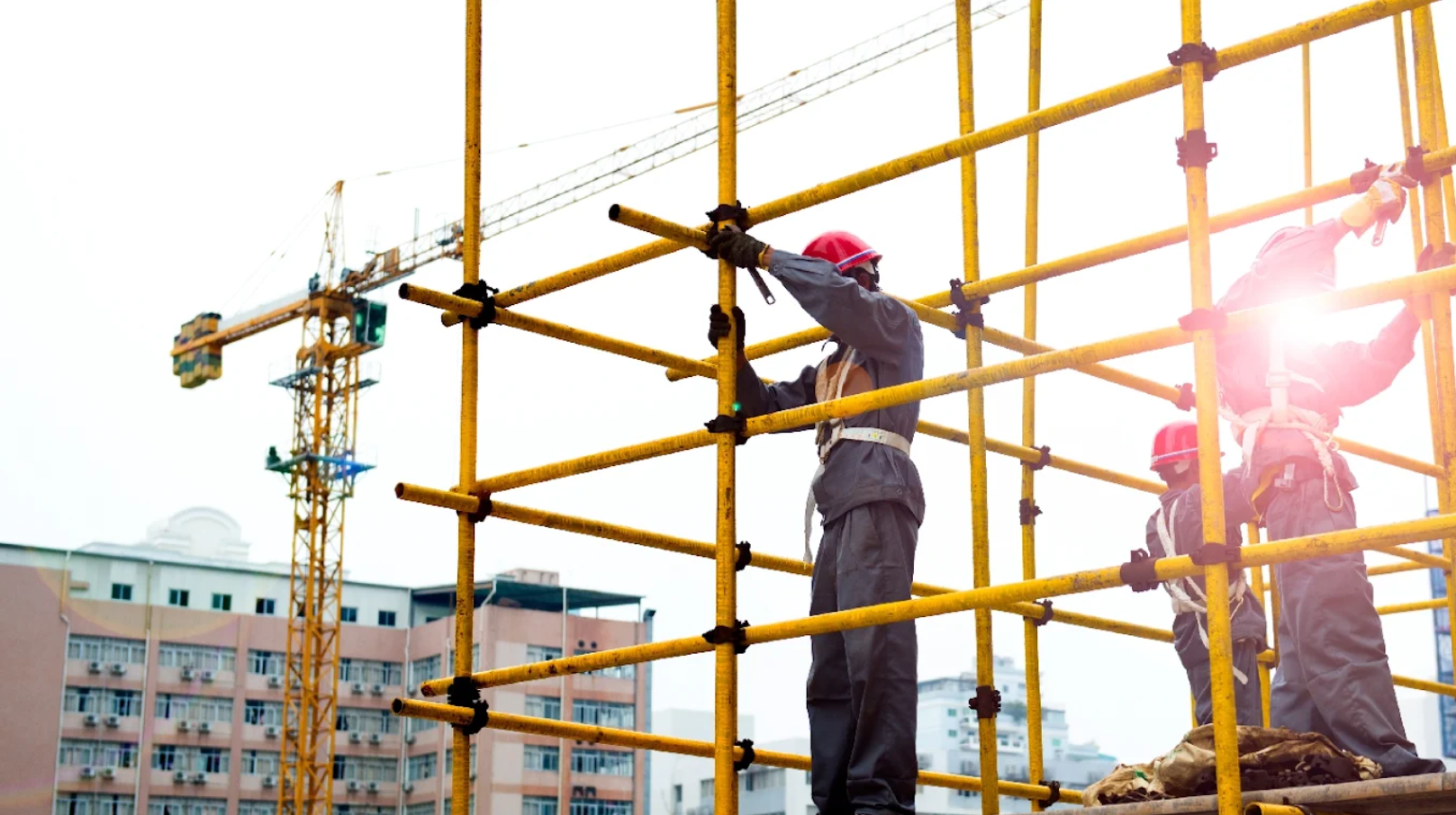 Engineers working on architectural scaffolding blueprints